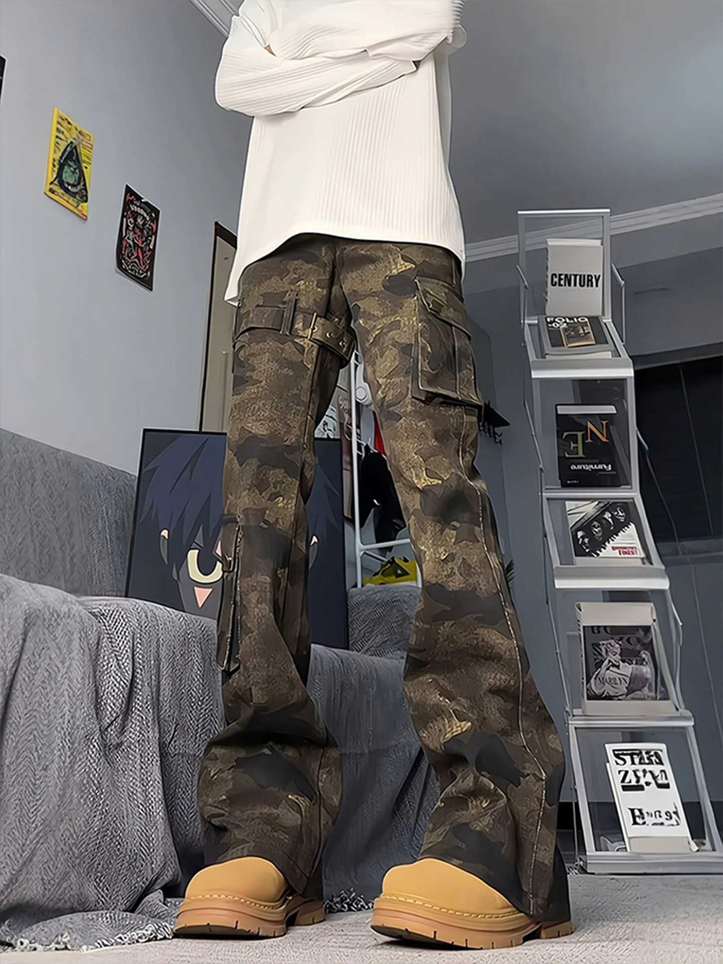 

American Style Camouflage Pants High Waist Workwear Trousers with Belt Knife Jeans for Men Youth Fashion Straight Leg