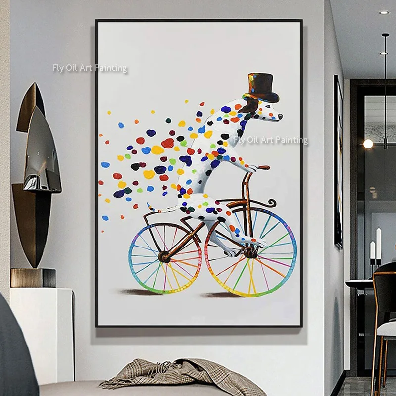 New Design Simple White Dogs Ride Bike Abtsract Canvas Thick Oil Painting Large Colorful Points Wall Art Decor For Living Room
