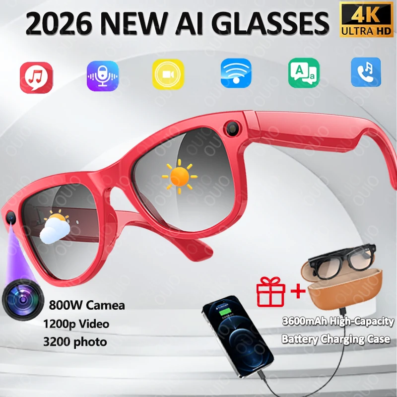 

2026 AI Voice Assistant Smart Glasses 4K HD Camera/Photo/Music Real-Time Translation/Recognition Dual Lenses Anti-Blue Glasses