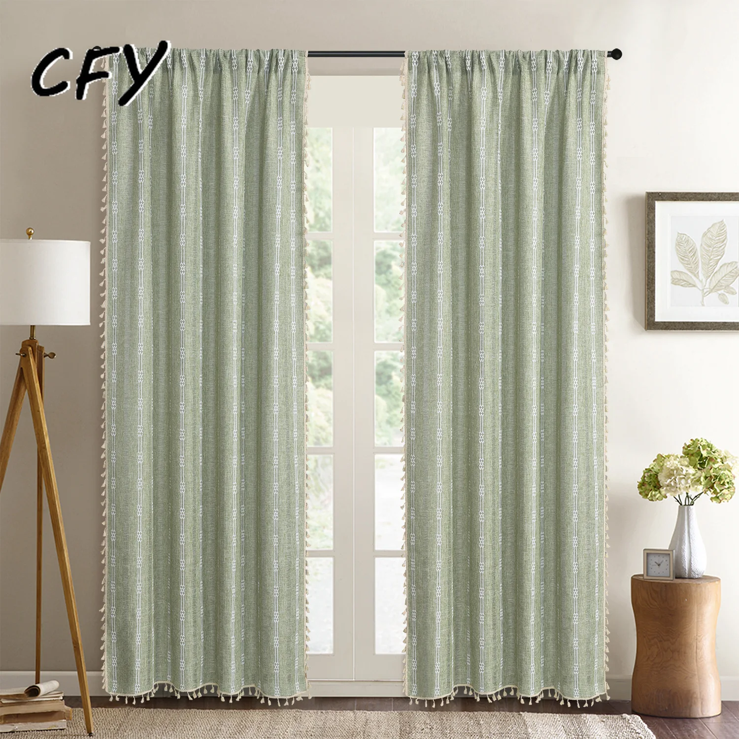 Cotton Linen Green Knitting Embroidery striped Window Curtain with Tassel Drapes Kitchen Valance Curtains for Luxury Living Room