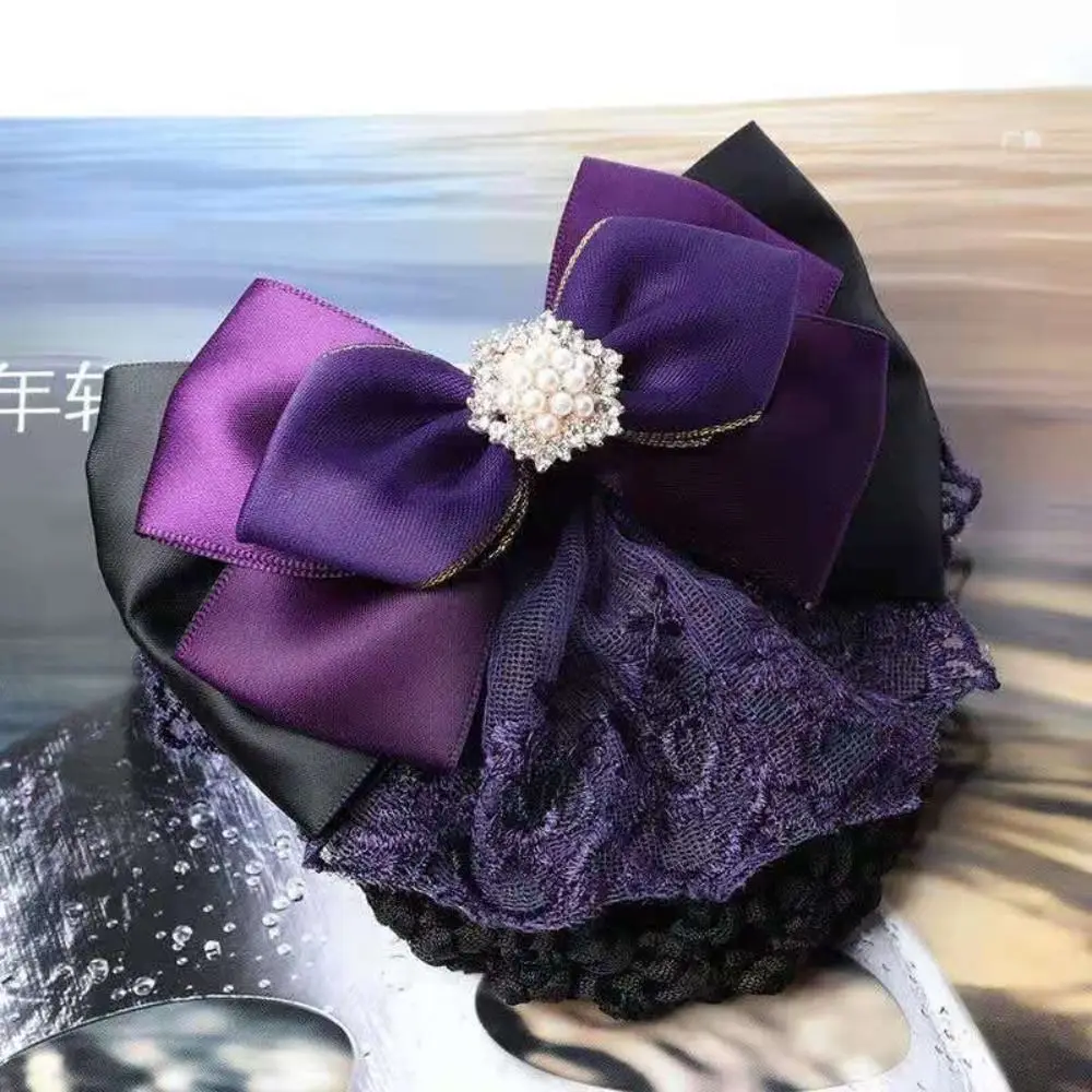 Rhinestone Bowknot Spring Clip Elegant Korean Style Ribbon Hair Net Cover Hair Accessories Pearl Bun Snood Bank