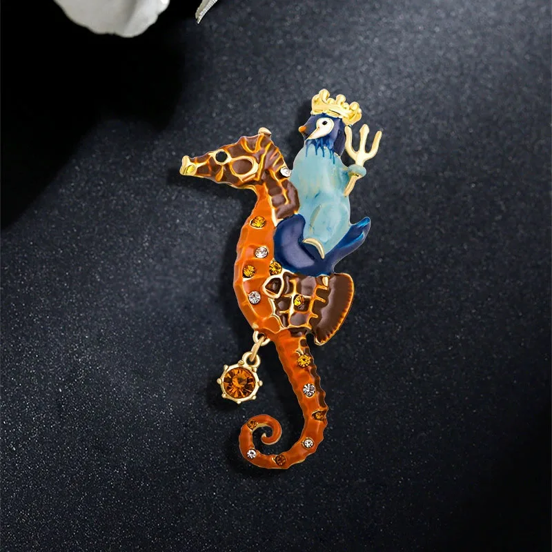 European and American new cartoon diamond seahorse shape brooch personalized men women sea animal clothing buckle pin jewelry