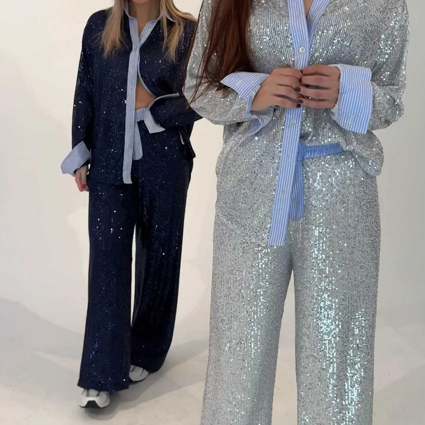 

New 2025 Casual Loose Sequin Suit Jaet Wide Leg Pants Two Piece Set Women's Faion Spring Commute Sle Polyester Long Sve