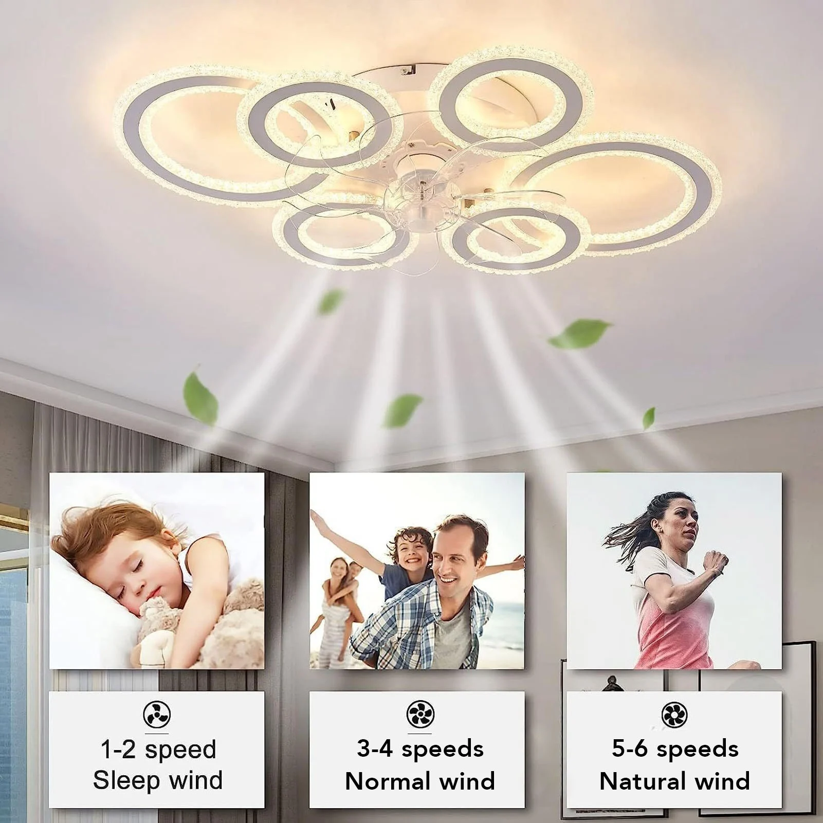 

Ceiling Fan Light LED Nordic Modern Ceiling Fan Lamp 6 Rings Ceiling Fan Light for Bedroom Living Room Dining Room White