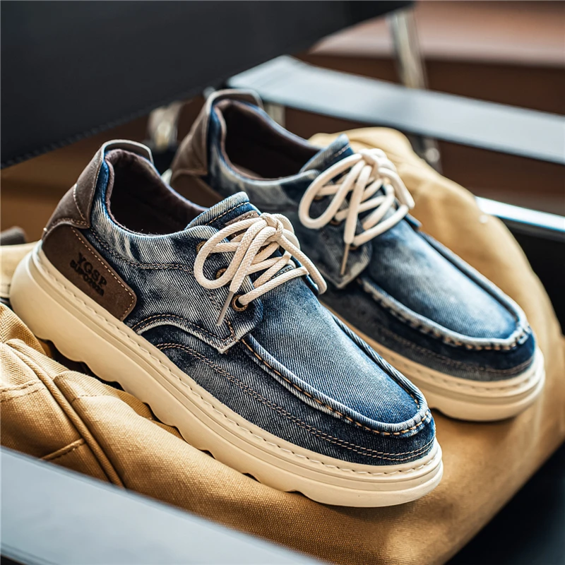 Men's Vintage Washed Denim Platform Casual Shoes Stitching Thick Sole Lace Up Retro Workwear Walking Boat Shoes