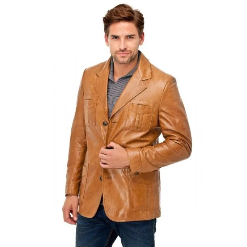 Men's Genuine Lambskin Pure Leather Blazer NEW Soft Coat THREE BUTTON Tan Jacket