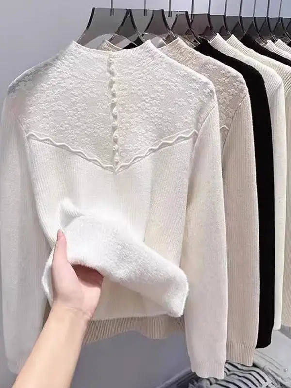 

Кружевной свободный женский вязаный свитер с высоким воротником, осень-зима, новый модный топ с надписью, внутренняя одежда Base irt