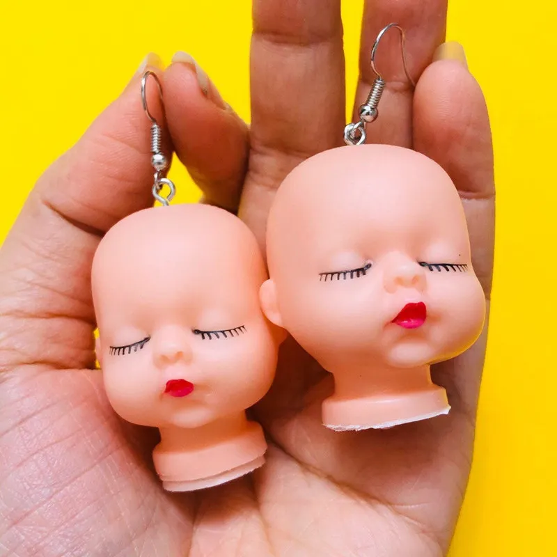 Super Cute Chubby Cheeks Sleeping Babies Dolls heads Dangling Hook Earrings Cute Weird Jewelry Gift for Her