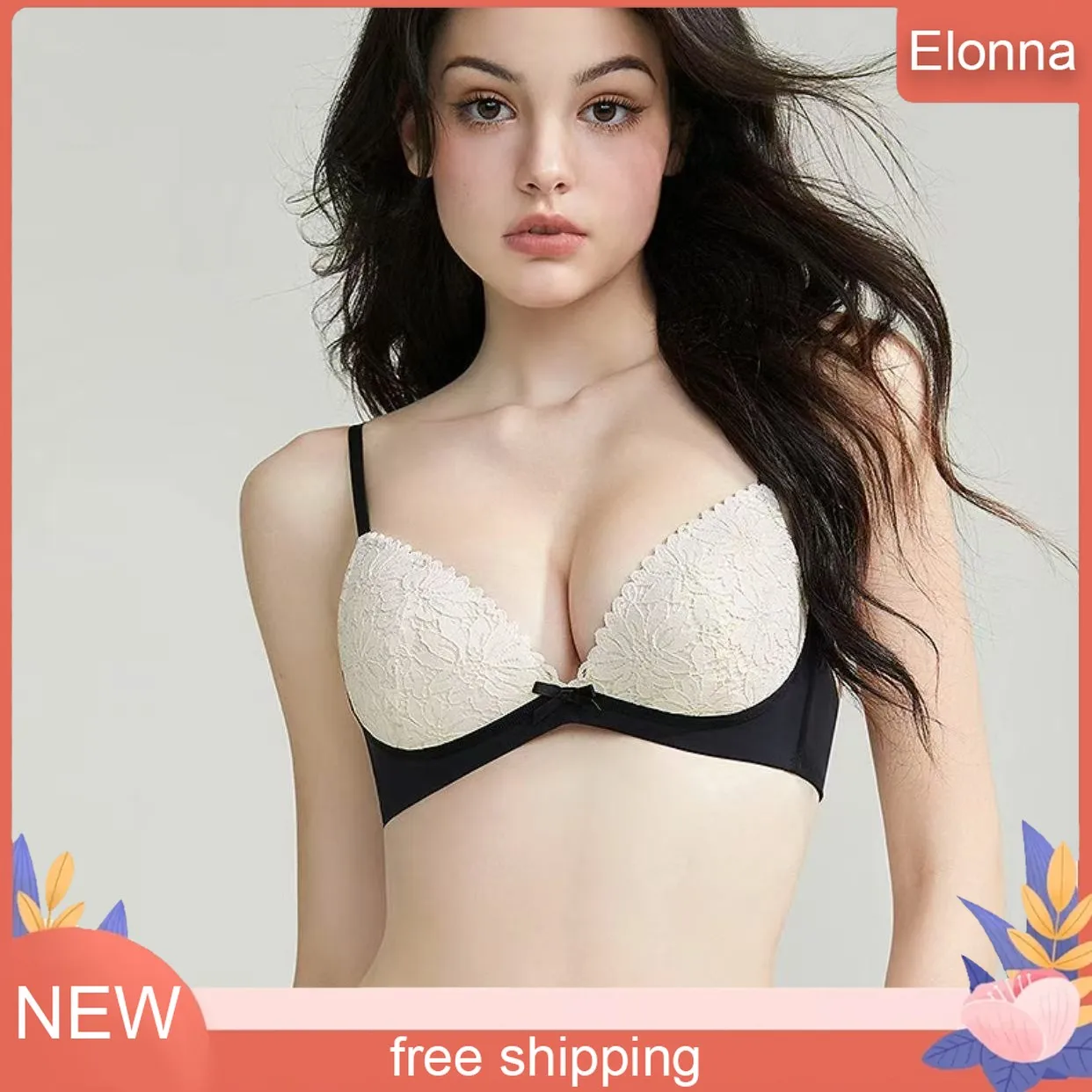 

Sexy Push Up Bras Women Solid Wireless Lace Trim Lingerie One-Piece Gather Seamless Underwear Convertible Straps Support Bra