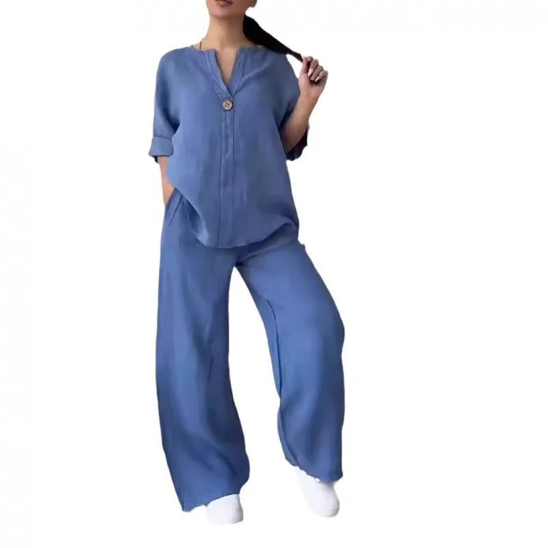 Casual Regular Sleeve Full Length Pants with Literary Retro Character Pattern Shirt Top Style Long Pants Summer for Women