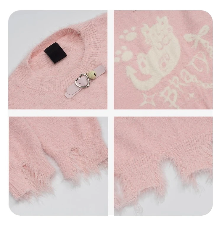 American Style Men's Kitten Jacquard Scarf Decorated Round Neck Black Sweater Couple Style Pink Loose Casual Knitted Top