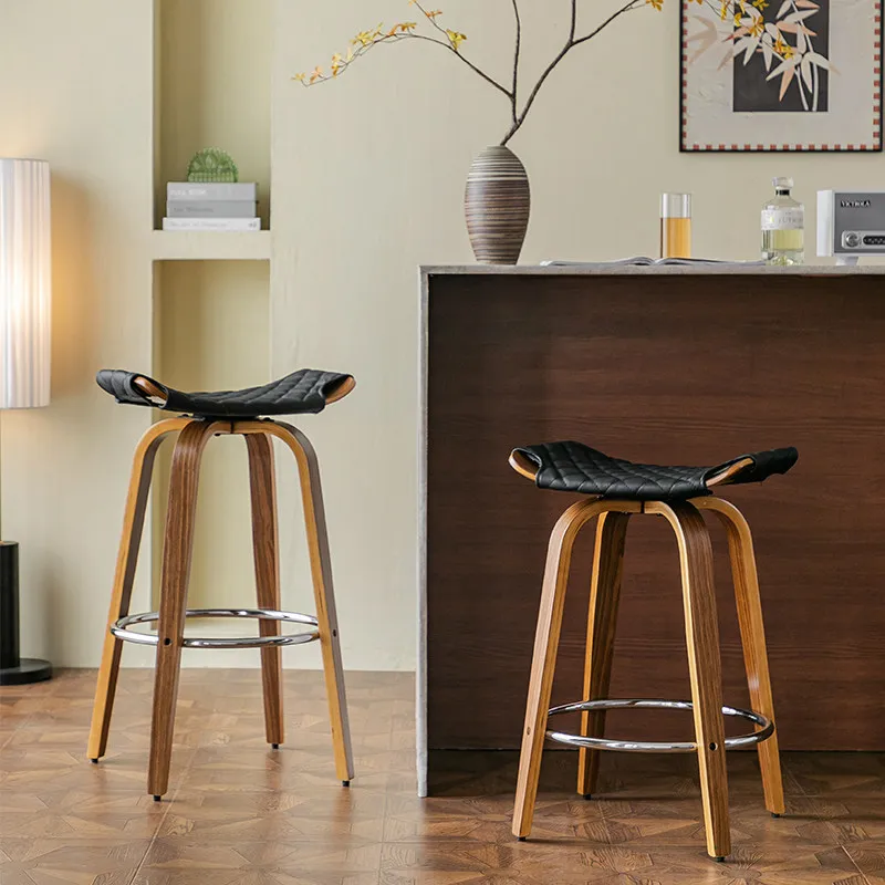 

Rotating Orange Bar Chair Kitchen Luxury Leather Breakfast Ergonomic Bar Chair Wooden Modern Taburetes Para Barra Club Furniture