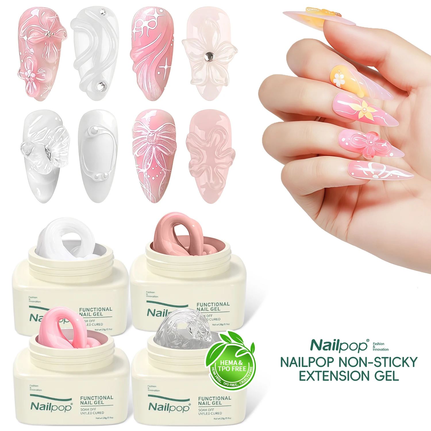 Nailpop HEMA/TPO Free Non-Sticky Extension Gel Durable Nail Glue for Rhinestone Gems Nail Art Decorations Styling DIY Nail Gel