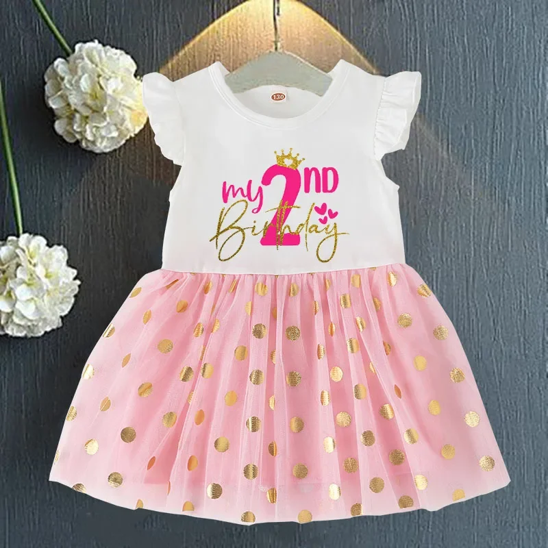 Birthday Party Girls Clothes Summer Princess Dresses Flying Sleeve Kids Dress My 1st Birthday Girls Dress Children Clothing 1-4Y