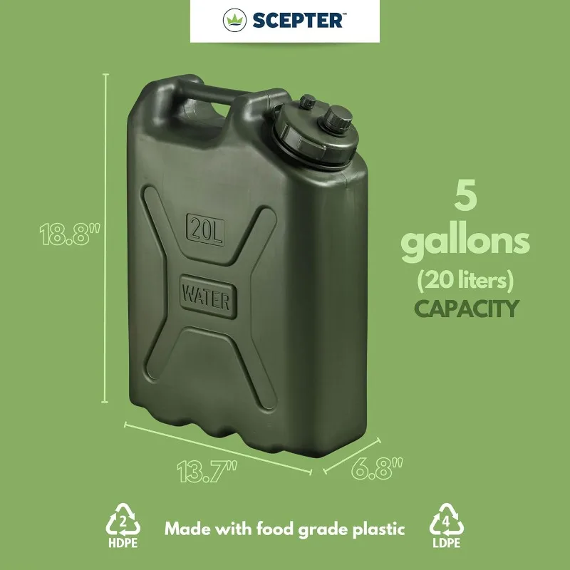 Scepter 5 Gallon Water Container 20 Liter Portable Military Style Storage for Camping Outdoors Emergency  BPA-Free Plastic1 Pack