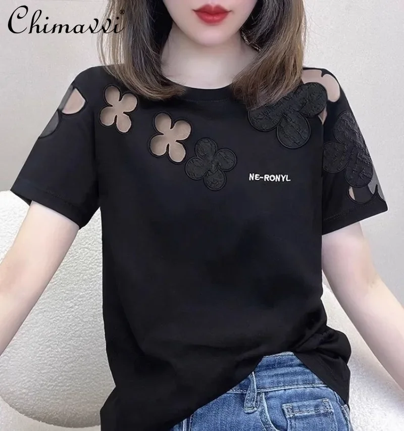 

European Summer New Design Sense Niche Heavy Industry Embroidery Mesh Cotton Meat Cover Thin Short-sleeved T-shirt Top For Women