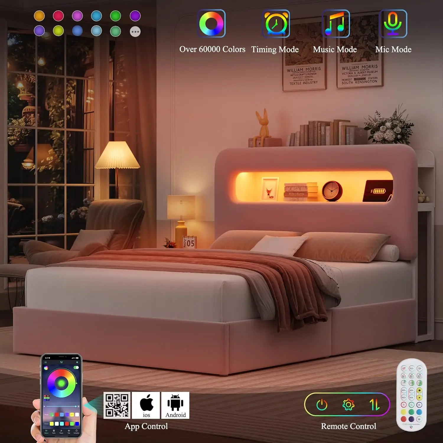 Marco de cama LED completo con cabecera de almacenamiento y estación de carga, marco de cama para niñas con 2 cajones y puertos USB, tapizado en terciopelo