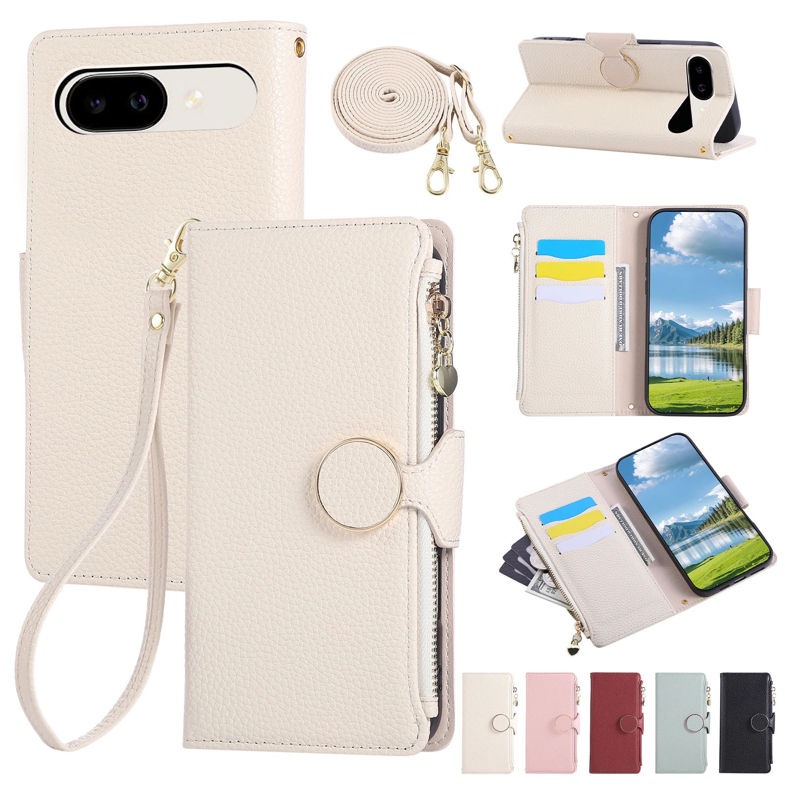 

Crossbody Wrist Strap Magnetic Leather Zipper Wallet with Card Slots Cover Phone Case for Google Pixel 9A 8A 7A 6A 7 8 9 Pro XL