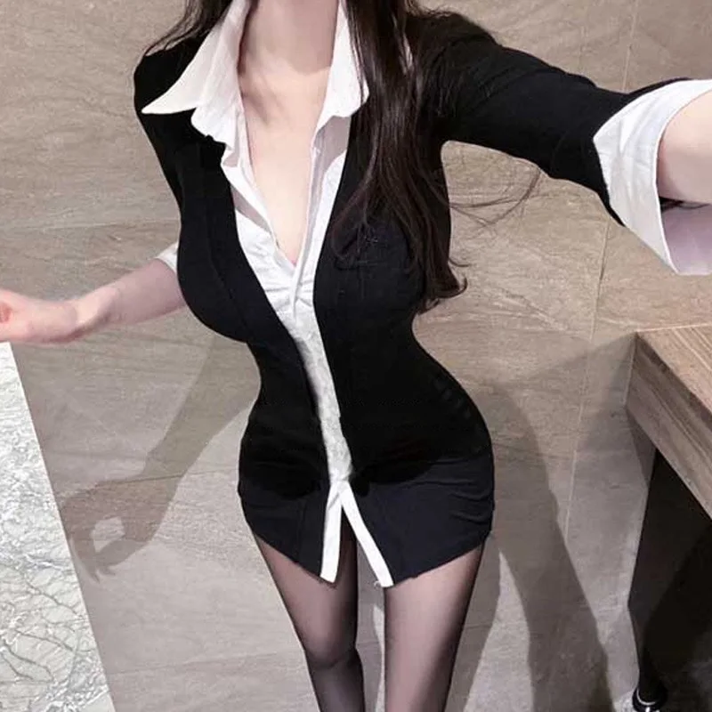 동대문 신상 여성 섹시 폴로 드레스 하이웨이스트 숏 스커트 플립 칼라 바디콘 페이크 투피스 드레스 한국 버전