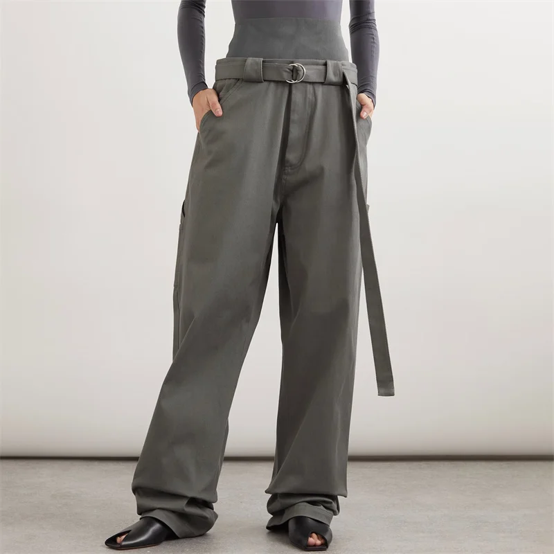 

Women's pants 2024 Autumn New in Fashion Splicing Elastic Waist Straight Leg Pants cotton blend High waisted slim wide leg pants