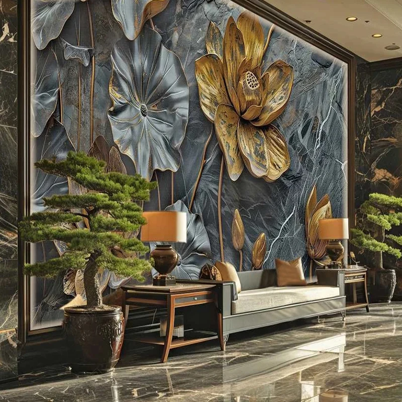 Custom Mural Wallpaper Advanced Black Gilt Lotus Leaf Art Marble Texture 3D Wall Painting Living Room Bedroom Sofa Decor Fresco