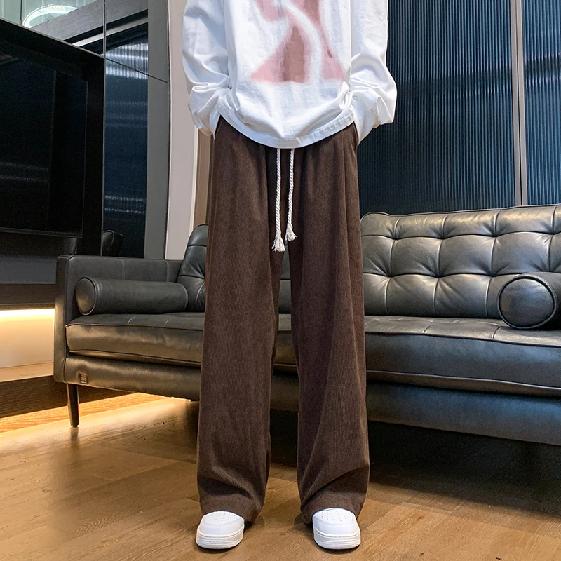 

Men's High Waist Corduroy Straight Leg Pants Solid Color Elastic Drawstring Flowy Hem Lounge Trousers M-8XL