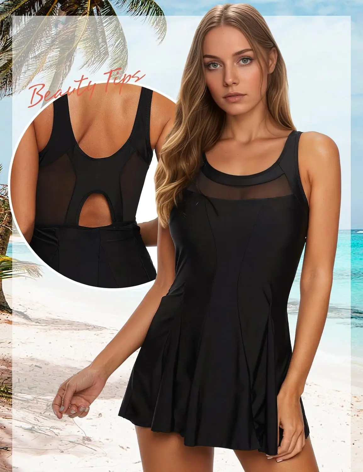 Durio Women's Swimming Dress, Tummy Control Push Up One-Piece Mesh Backless Elegant Swimwear with Cups Swimming Dress Swimsuit