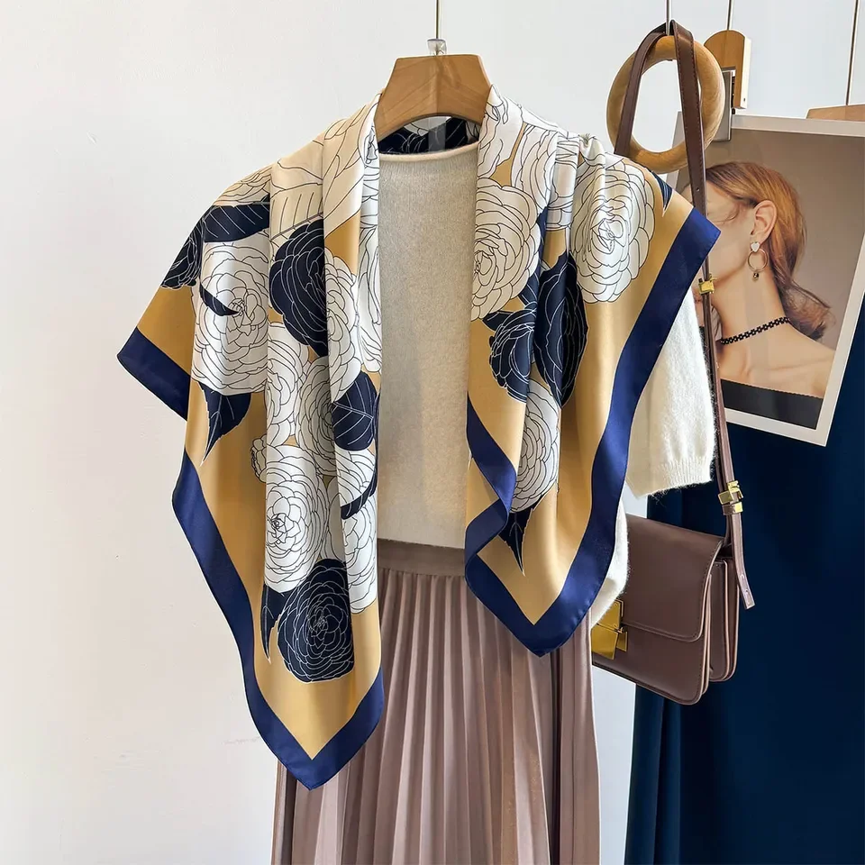 الفاخرة وشاح حريري وشاح مربع الكورية موضة منديل ارتفع الأوشحة الحريرية باندانا يلتف وشاح الديكور شال 90*90 سنتيمتر #4