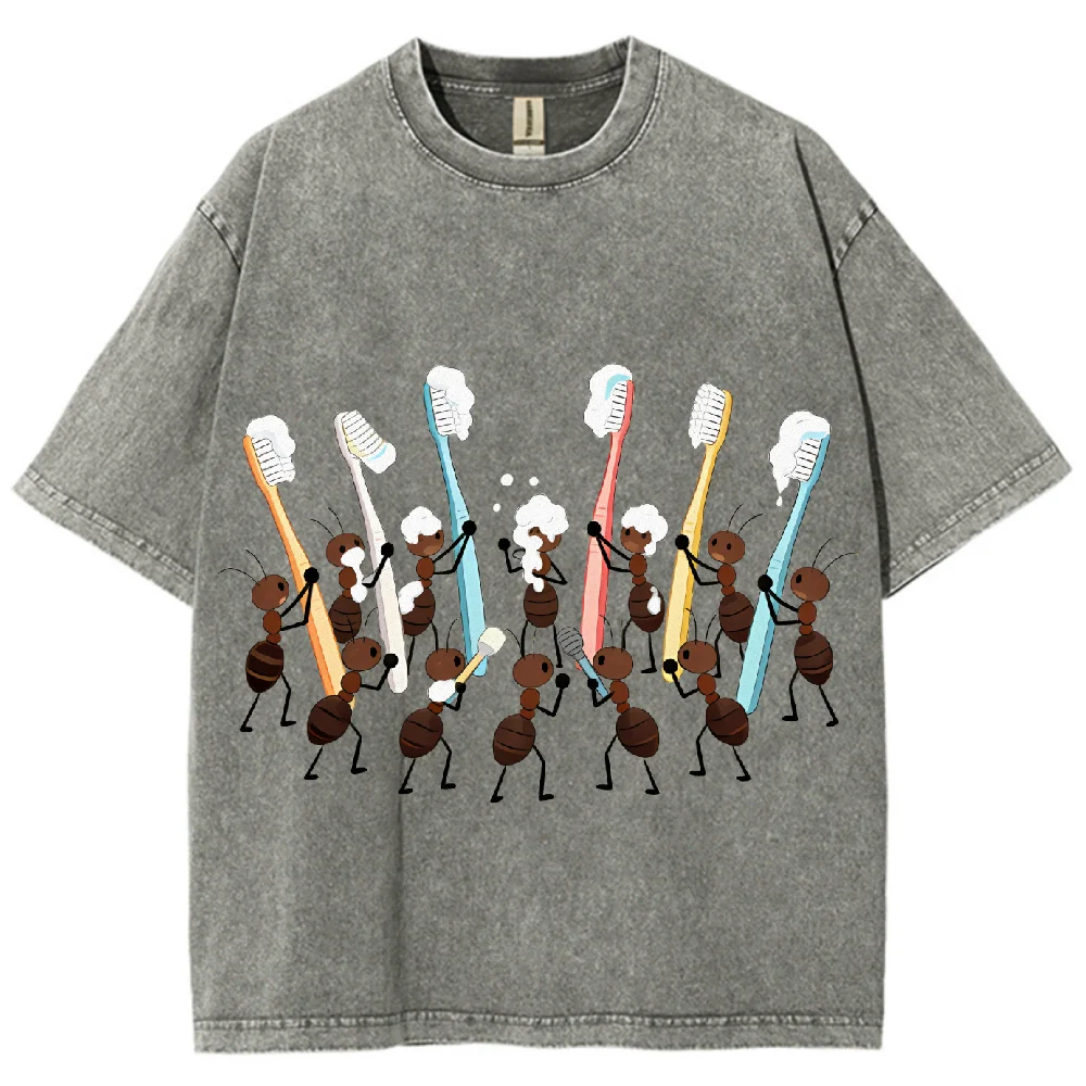 

Ant Brushing Teeth Printed T Shirt Washed Fabric Oversized Short Sleeve Unisex Tee Soft Denim Cotton Blend Fit Daily Casual
