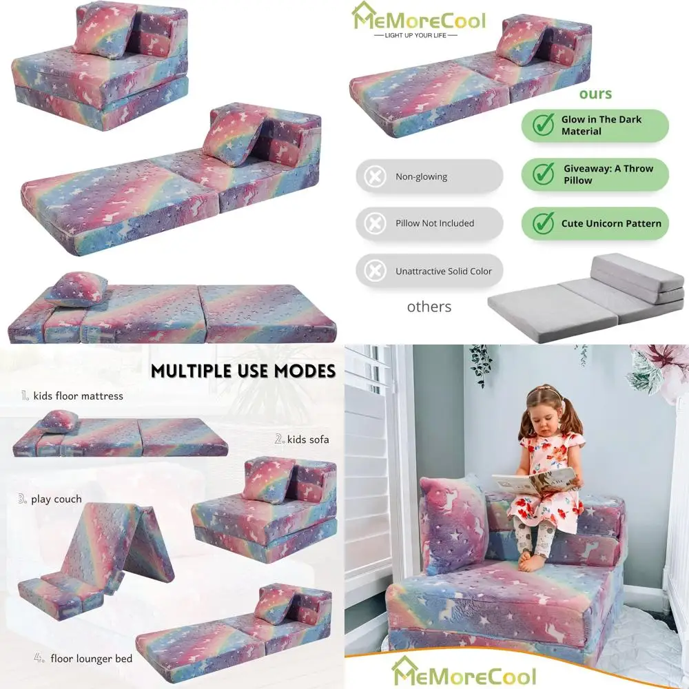 

Kid-Friendly Rainbow Unicorn Sofa Bed, Foldable Futon Mattress, Chair, and Floor Couch for Playroom Fun