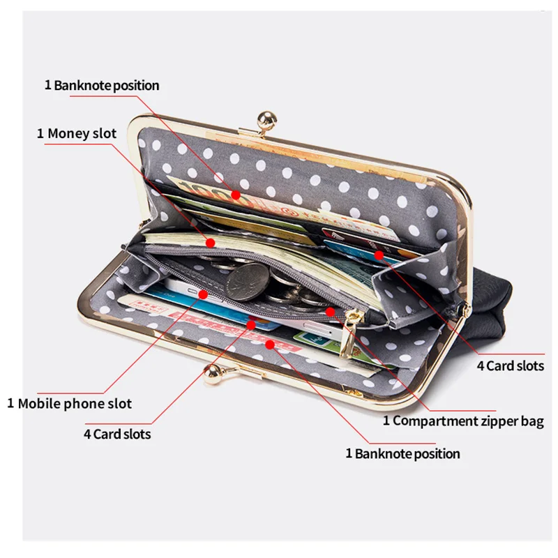 Women Genuine Leather Kiss Lock Big Capacity Wallet Card Holder Clutch Purse Bag Fashion Clip Bag Long Hand Bag Storage