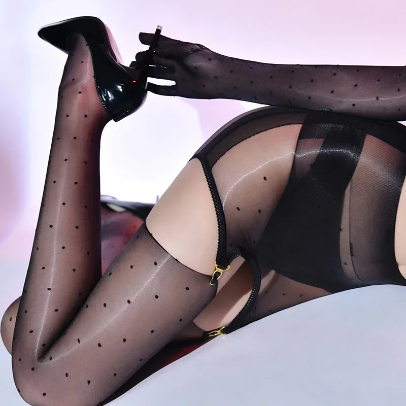 여성 섹시 란제리 투명 광택 블랙 스팟 도트 이동식 가터 쉬어 나일론 서스펜더 장갑 팬티 스타킹 4 Pcs 세트