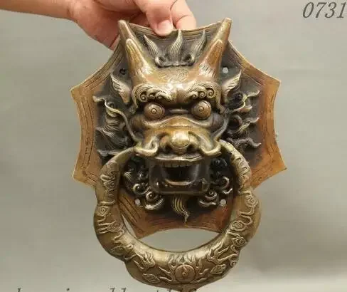 

10" Old Chinese FengShui Bronze Copper Exorcism Dragon Head Door Knocker Statue