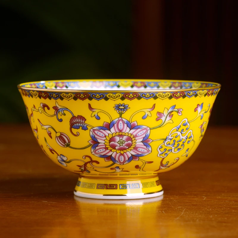 

Edge enamel ceramic bowl Chinese household bone China rice bowl antique high-legged tableware bowl