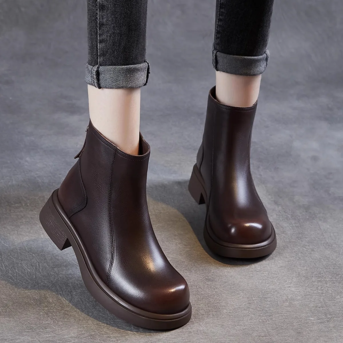 

Женские кожаные ботинки Briti Sle Slim с эффектом потертости, высокие, с круглым носком, на тонком каблуке, всесезонные