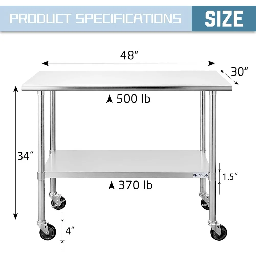 Stainless Steel Table for 30 x 48 Inches with Caster Wheels,Heavy Duty Table with and Galvanized Legs for Restaurant