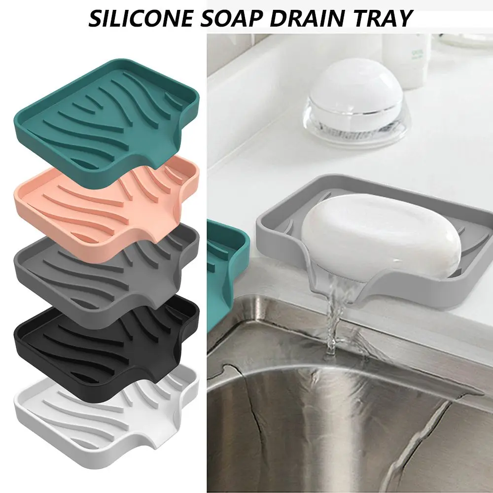 Silicone Kitchen Sink Tray Soap Dish Holder with Built-in Drain Lip Draining Countertop Sink Scrubber Brush Sponge