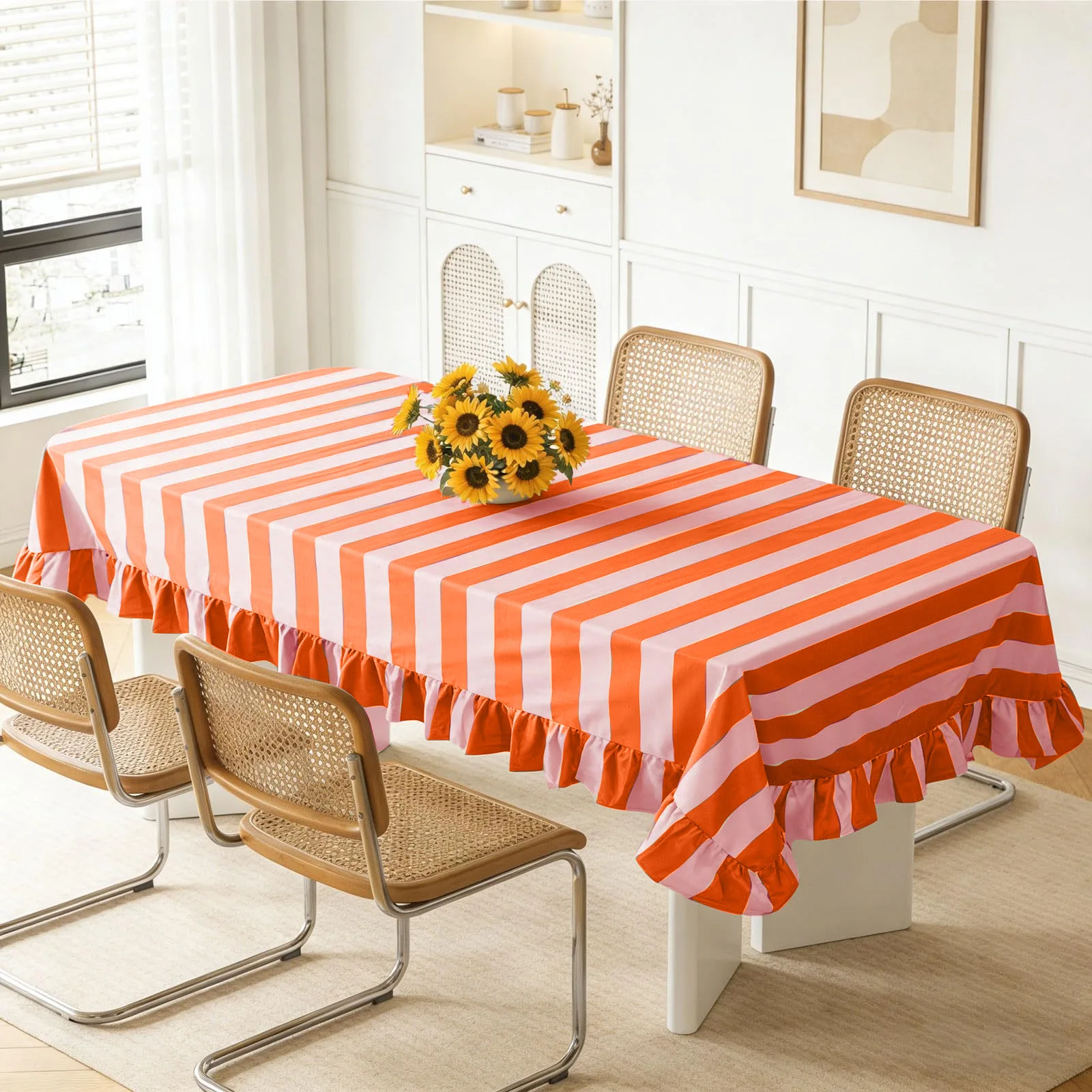 

Orange Pink Stripes Tablecloth with Ruffle Hem Soft Velvet Anti-Scratch Fabric Modern Rustic Farmhouse Table Setting Home Decor