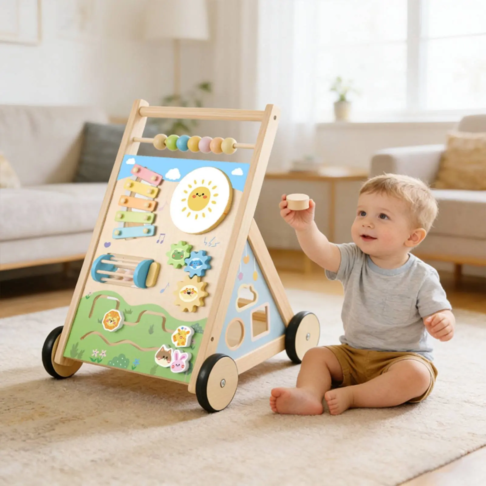 木製ベビーモビリティエイド-細かい動きのスキルを養う-多機能アクティビティプッシャー-木製プッシュトイ-8in1アクティビティ-幼児向け