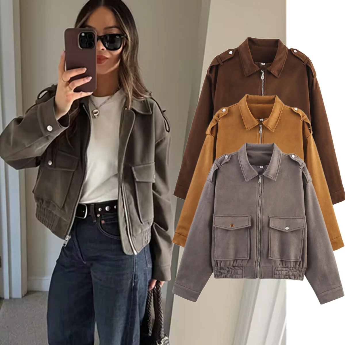 Dave&Di Women's Suede Jacket For Autumn Winter French Fashion Blogger Retro Shoulder Patch Loose Bomber Jacket Coat Women