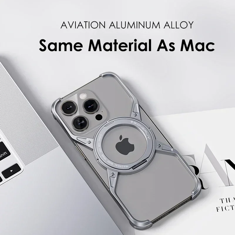 

Metal Aluminum MagSafe Stand Phone Case For iPhone 13 14 15 16 Pro Max Magnetic Hollow Rimless Shockproof Bumper Phone Cover