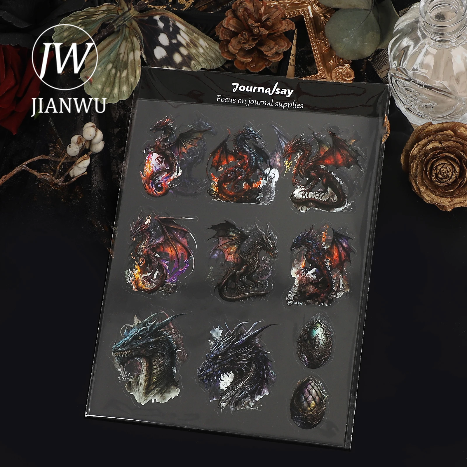 JIANWU 2 Lembar Stiker Hewan Peliharaan Kolase Bahan Pemandangan Telur Naga Gelap Gotik Antik Alat Tulis Buku Tempel Jurnal DIY Kreatif
