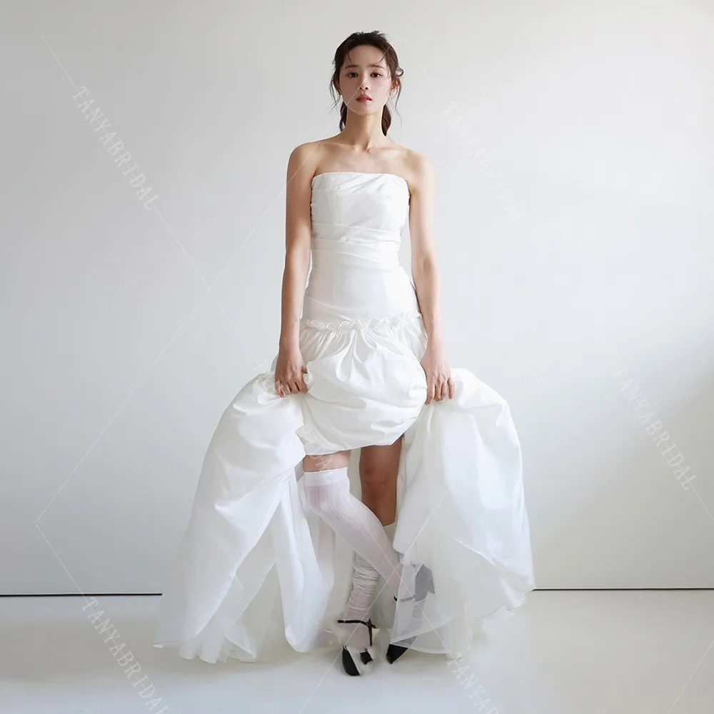 Abito da sposa in taffetà senza spalline senza maniche con lacci sul retro Abito da sposa lungo fino al pavimento Abito da sposa per servizio fotografico da sposa all'aperto TSWD800