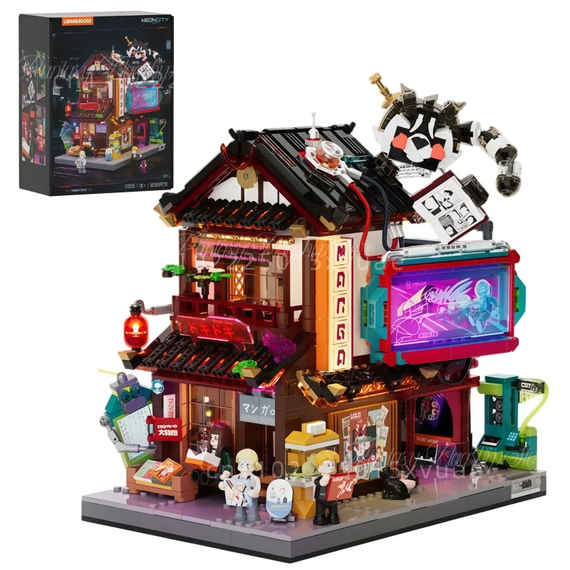 Cyberpunk-Serie Comic-Shop Bausteine Gasse Izakaya Zusammenbaubares Modell-Spielzeug Große Straßenansicht Sammlerstücke Dekorationen Geschenke