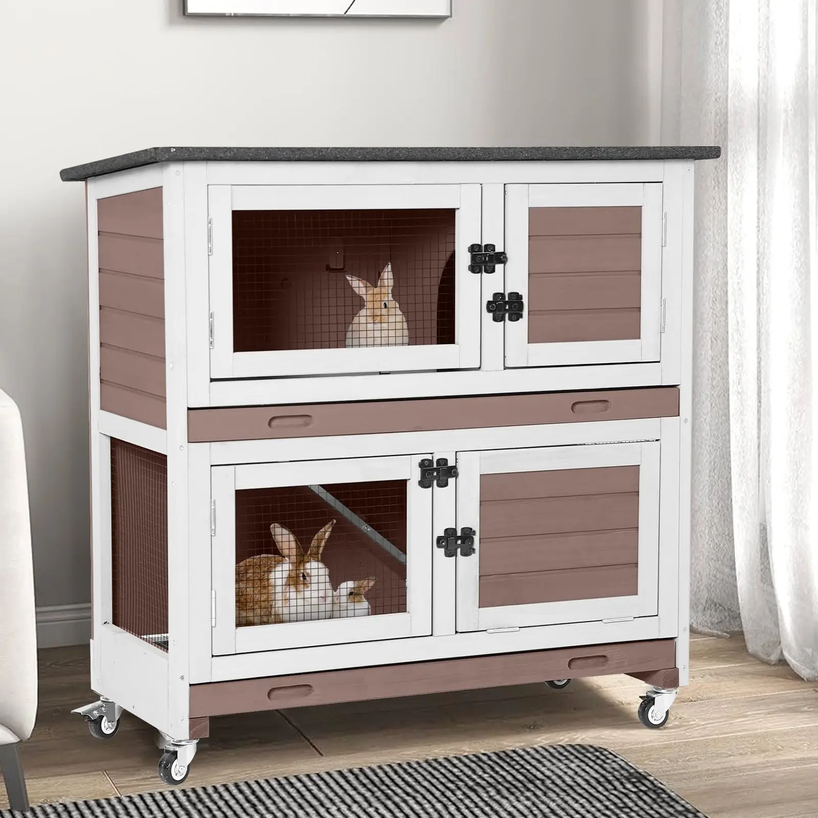 Rabbit Hutch Indoor with Chew-Proof Design, Wooden Bunny Cage Guinea Pig Cages with Lockable Wheels, Leak-Proof Trays