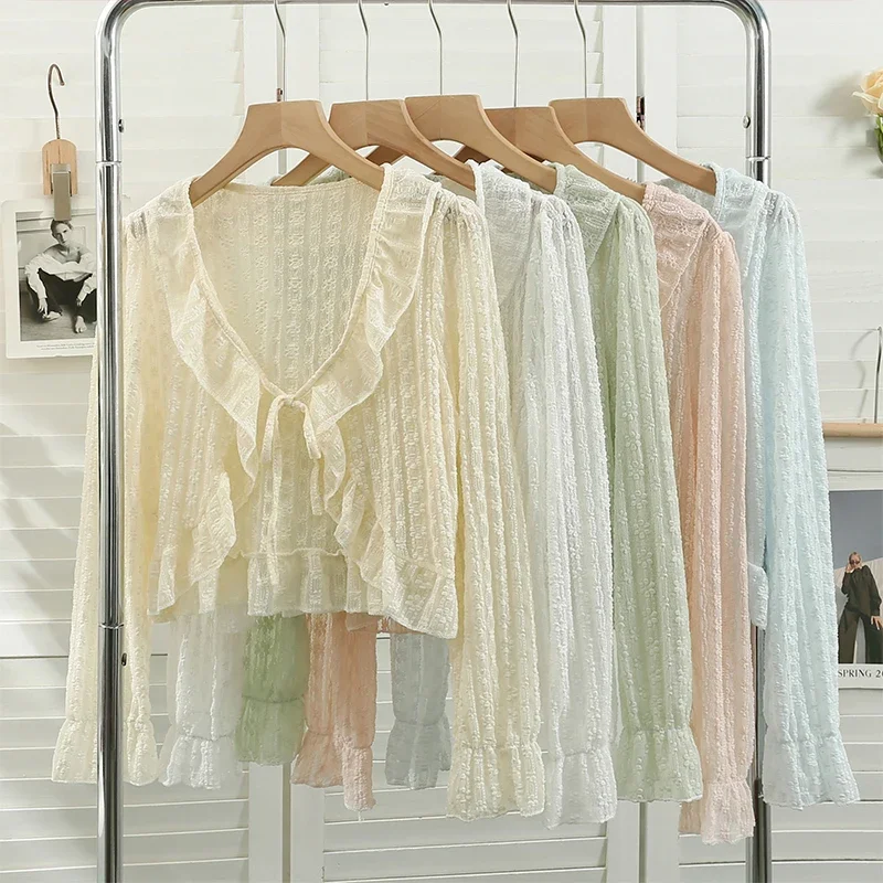 

Женский кардиган ITOOLIN с рюшами и длинными рукавами, с защитой от солнца, ажурный, на шнуровке, с V-образным вырезом, короткий, однотонный, свободный, повседневный, вязаный топ