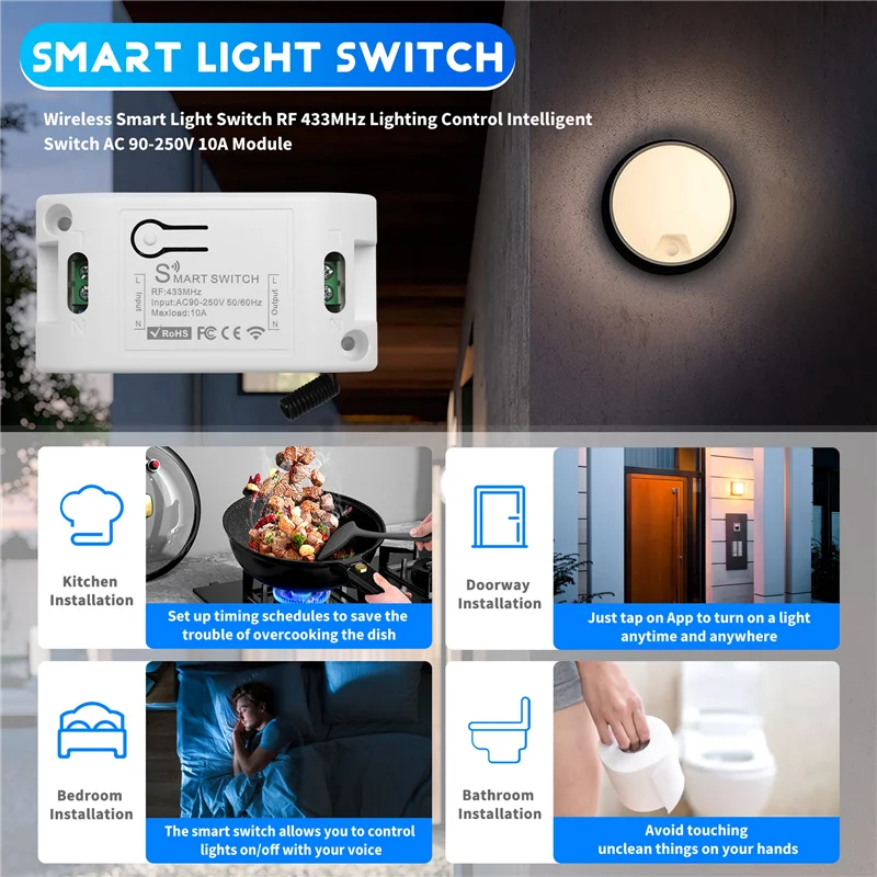 AC56-Wireless Smart Light Switch RF 433Mhz Lighting Control Intelligent Switch AC 90-250V 10A Module( 1 W And 1 C)