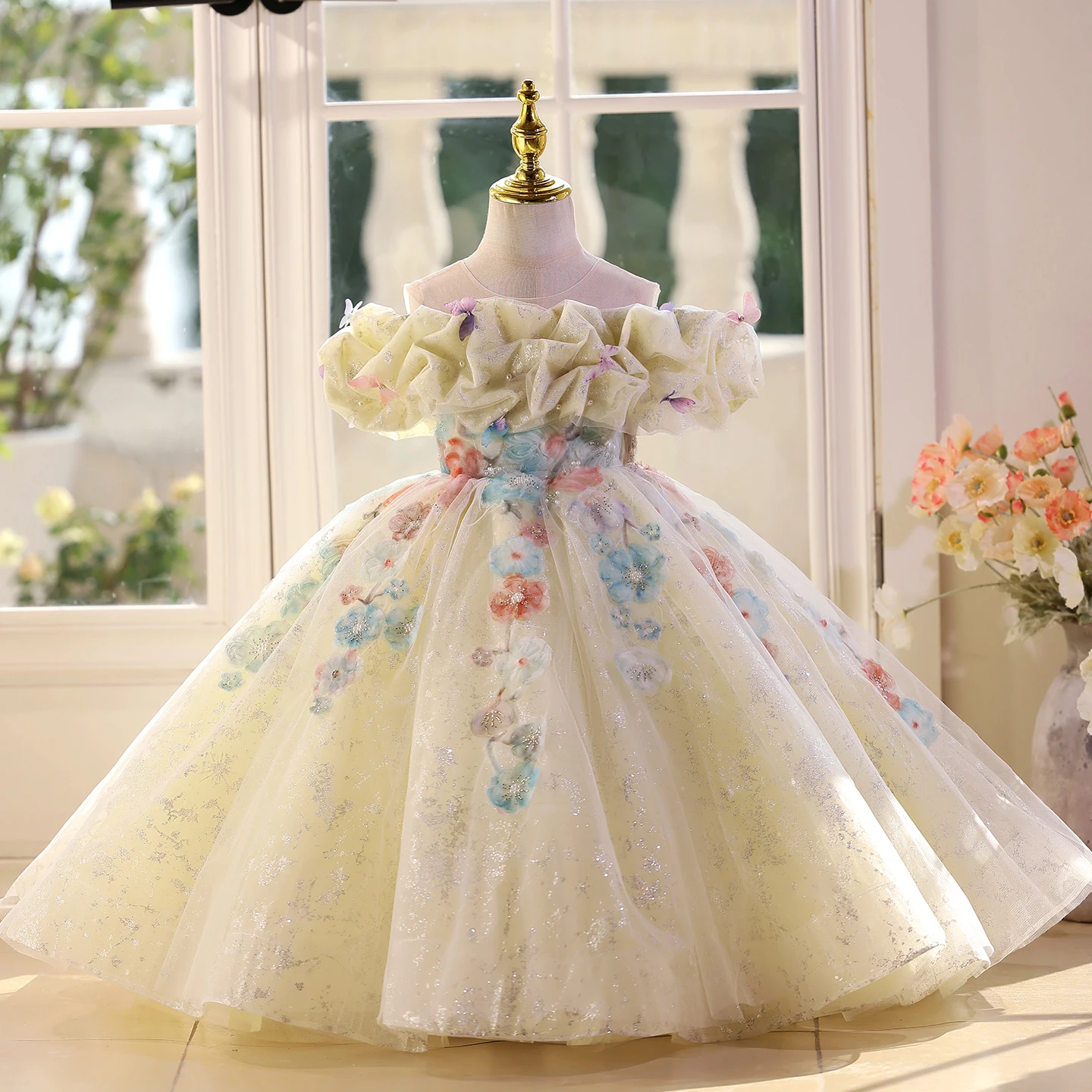 

Luxurious and elegant girl one-shoulder long wedding dress high-end party evening dress 3-10-year-old girl theme event clothing