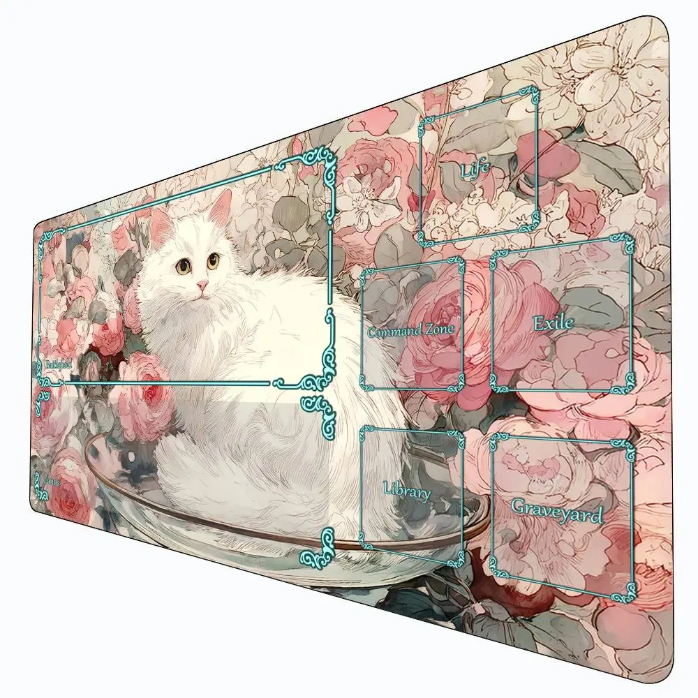 

Romantic white cat and roses Magic Playmat Card Battle Gaming Mat with zone mtg playmat desk mat suitable for game gathering