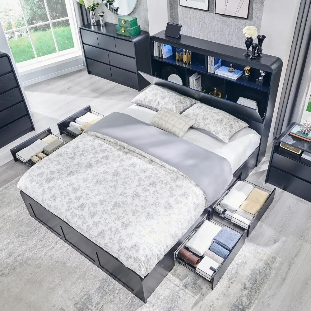 

Elegant Wood Queen Bed Frame with 50" High Storage Headboard and 4 Drawers, featuring a Curved Design